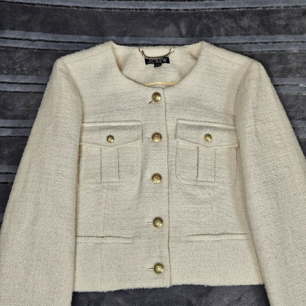 J.Crew Womens 8 Cream Tweed Lady Jacket Gold Button Wool Blend Cropped Blazer